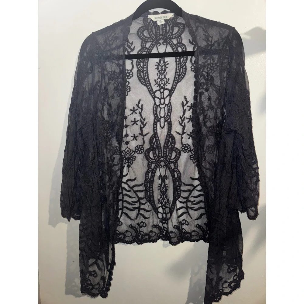 Sundance Women Charcoal Grey Sheer Floral Lace Open Front Kimono Cardigan Large - Picture 1 of 9